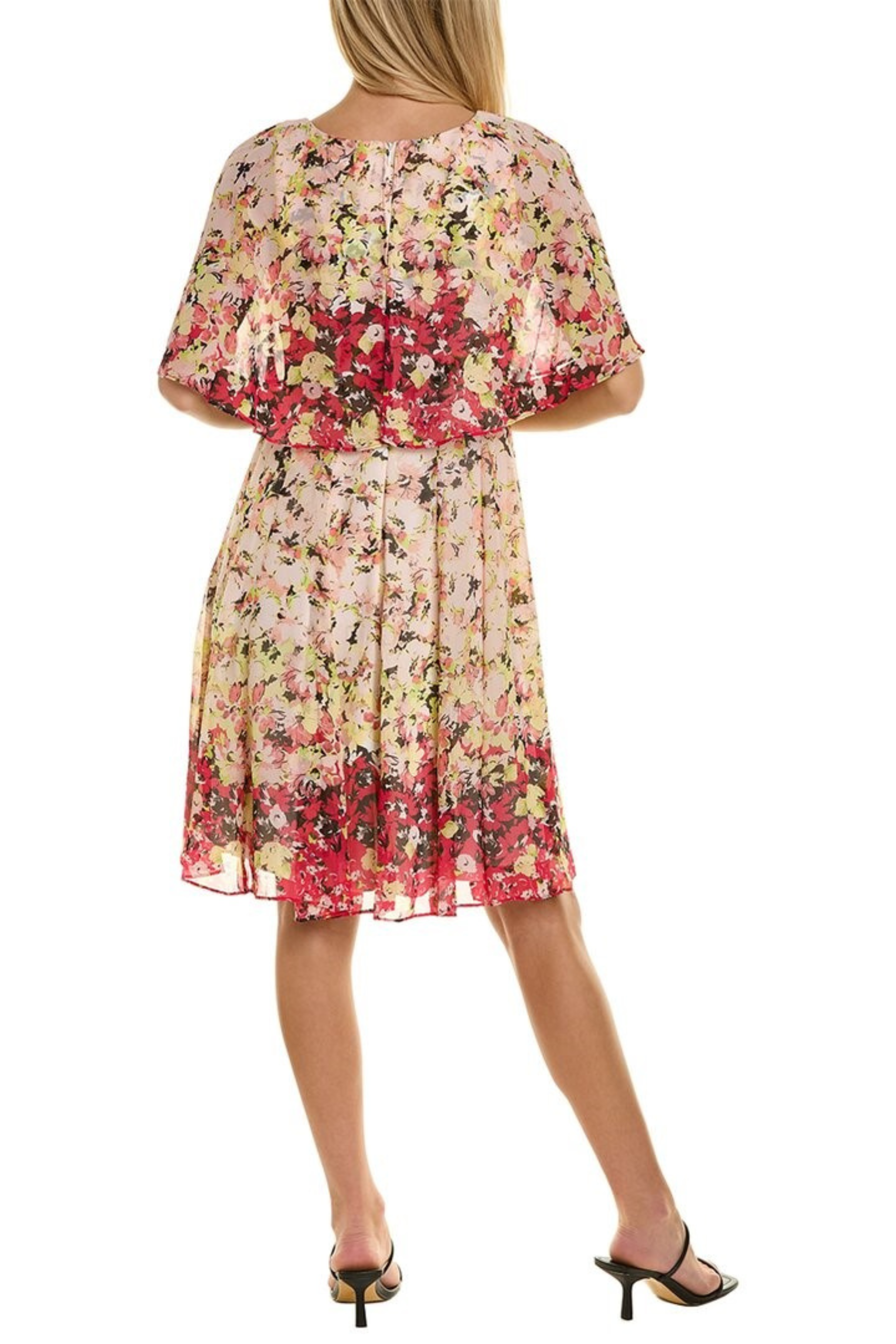 Maison Tara 30474MA Pink Purple Floral Print Short Sleeve Cape Fit and Flare Dress