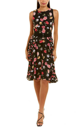 Maison Tara 30601MA Black Pink Floral Sleeveless 2 Side Pocket A-Line Midi Dress