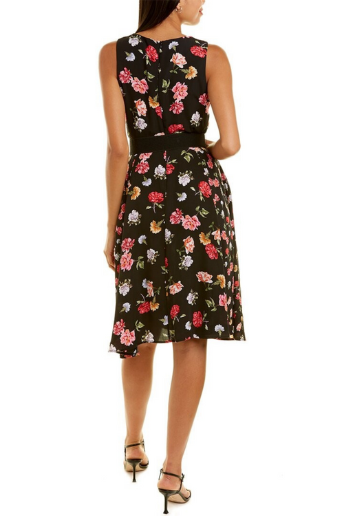 Maison Tara 30601MA Black Pink Floral Sleeveless 2 Side Pocket A-Line Midi Dress