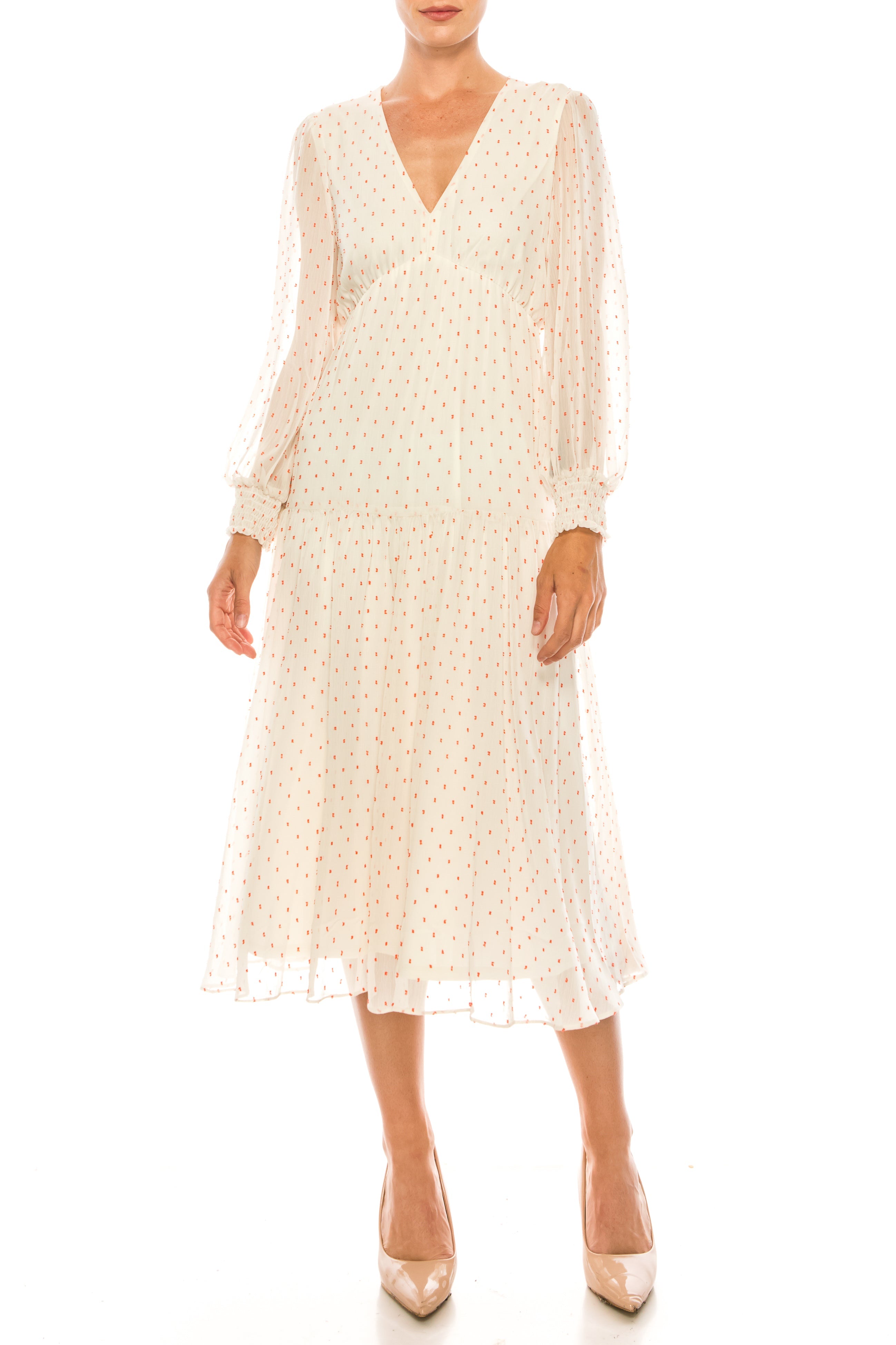 Maison Tara 58118MA Dot Texture Print Smocking Long Sleeve Tiered Maxi Dress