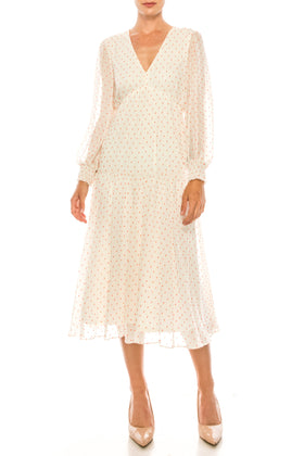 Maison Tara 58118MA Dot Texture Print Smocking Long Sleeve Tiered Maxi Dress