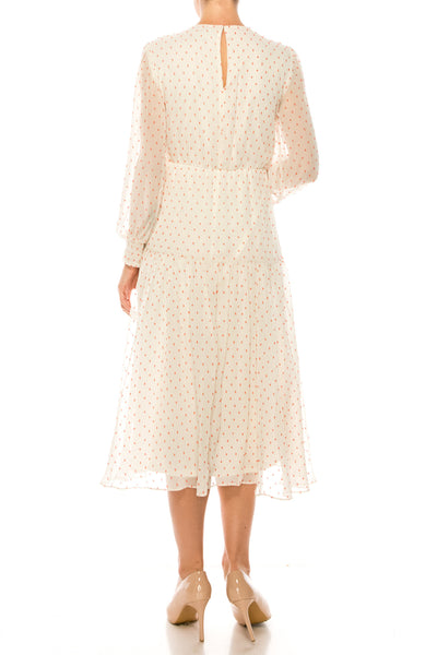 Maison Tara 58118MA Dot Texture Print Smocking Long Sleeve Tiered Maxi Dress