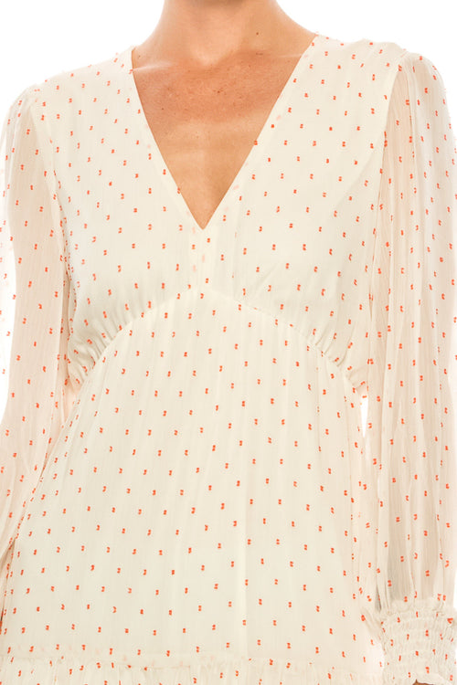 Maison Tara 58118MA Dot Texture Print Smocking Long Sleeve Tiered Maxi Dress