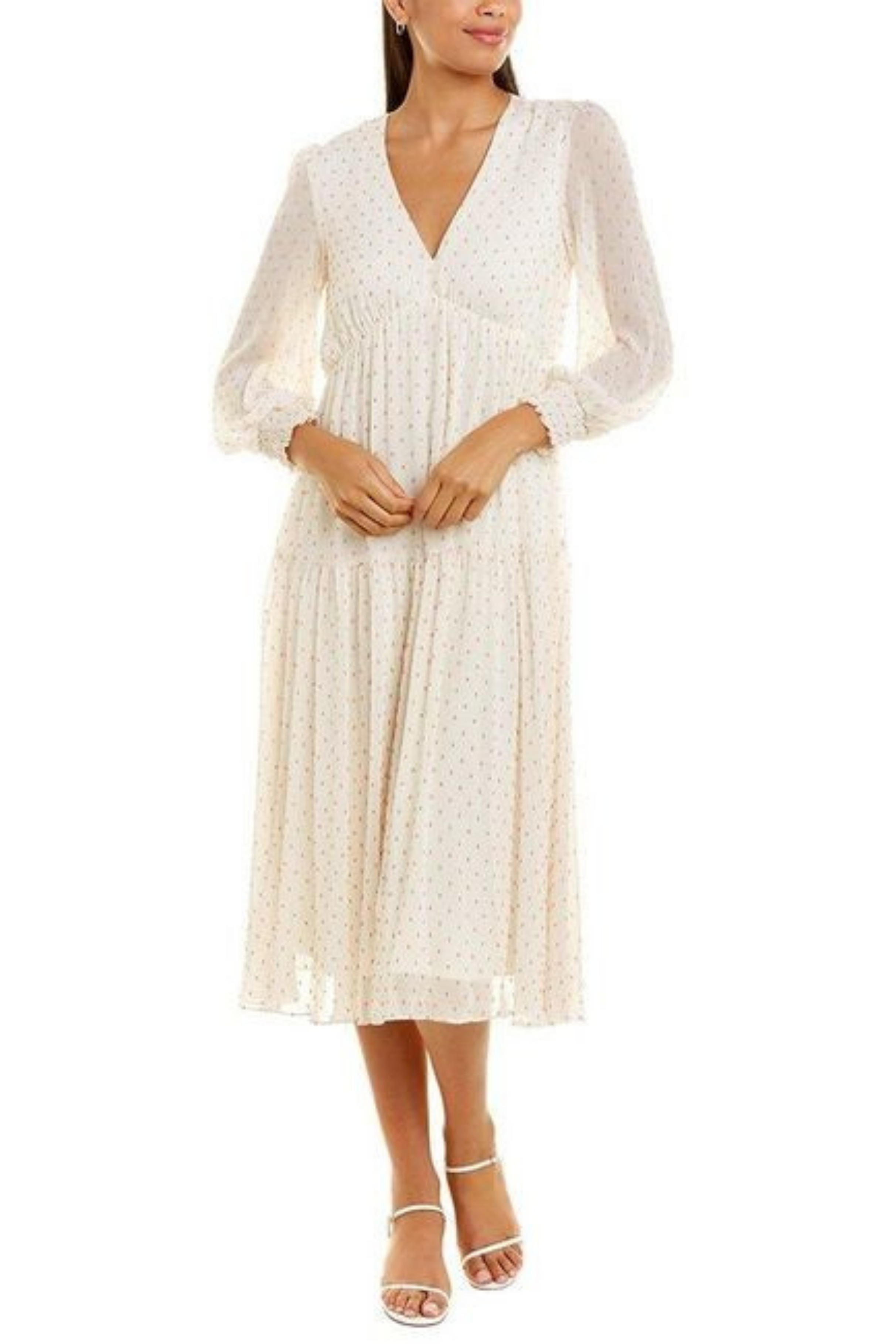 maison tara maxi dress 58118MA Dot Texture Print Smocking Long Sleeve Tiered Size:14 L Women's Midi Dress Linen-feel The ruffle surplice neckline price_above-100