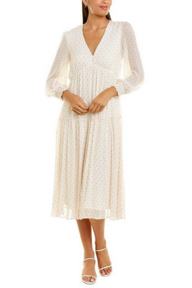 Maison Tara 58118MA Dot Texture Print Smocking Long Sleeve Tiered Maxi Dress