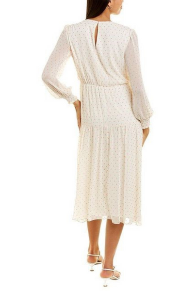 Maison Tara 58118MA Dot Texture Print Smocking Long Sleeve Tiered Maxi Dress