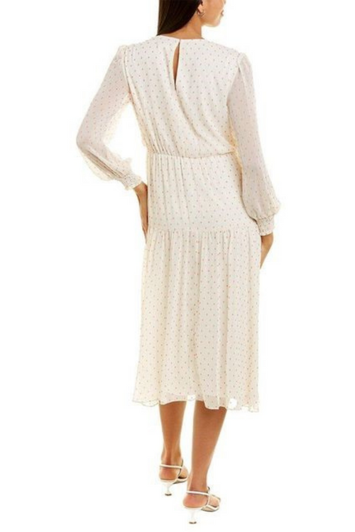 Maison Tara 58118MA Dot Texture Print Smocking Long Sleeve Tiered Maxi Dress