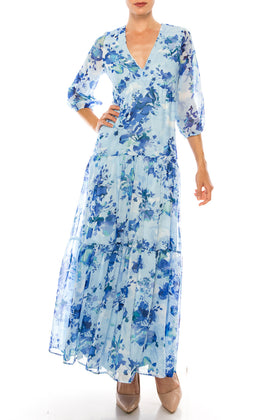 Maison Tara 58367MA Floral Print 3/4 Sleeve Tiered Maxi Dress