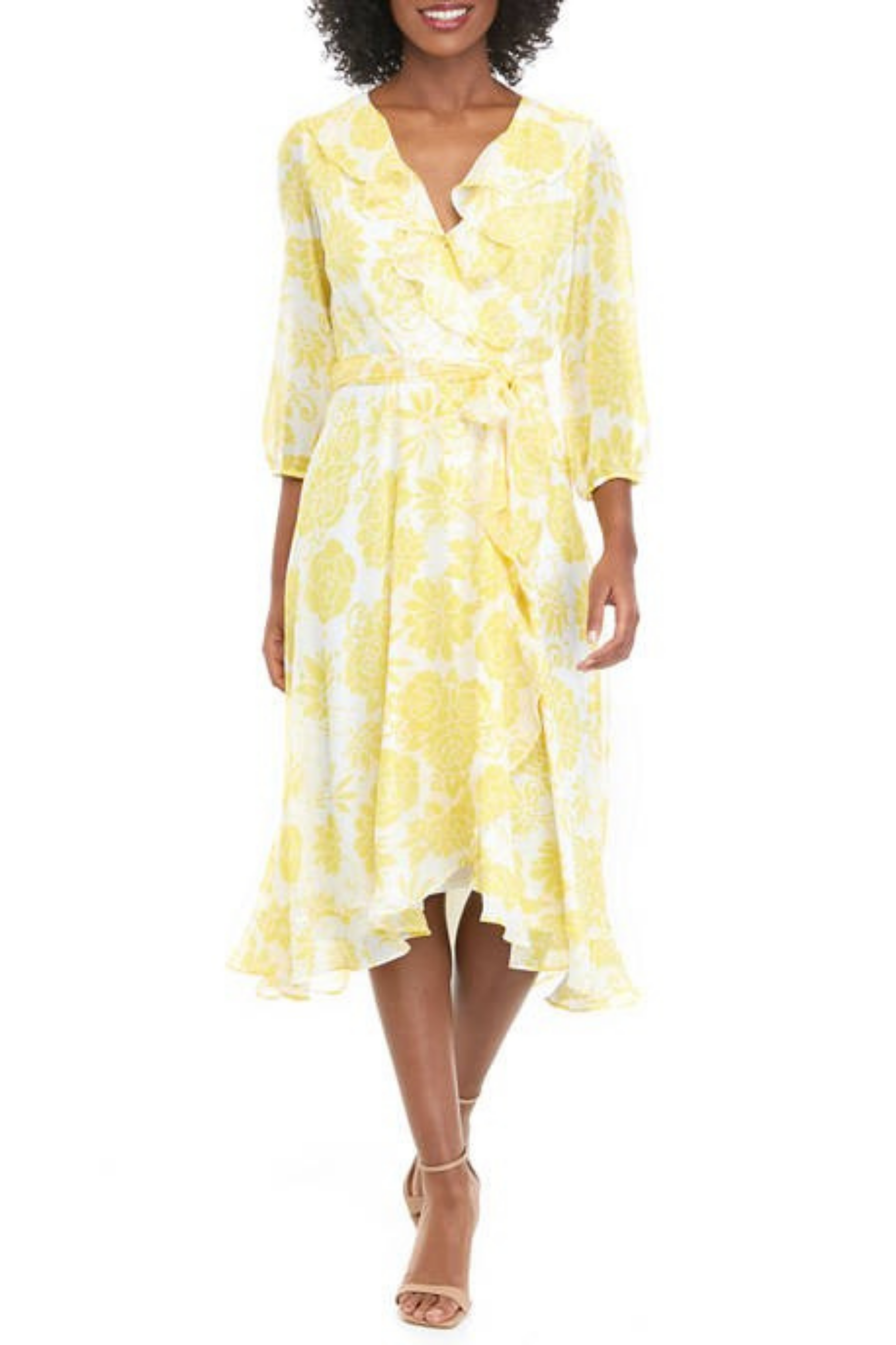 Maison Tara 58399MA Ivory Daffodil Floral 3/4 Sleeve Wrap Style Midi Dress