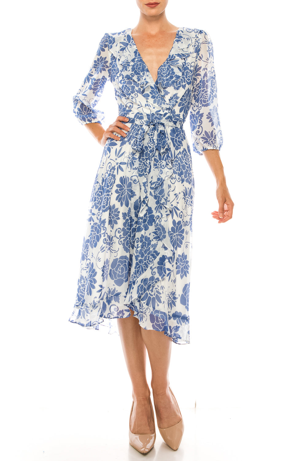 Maison Tara 58399MA Ivory Slate Floral 3/4 Sleeve Wrap Style Midi Dress