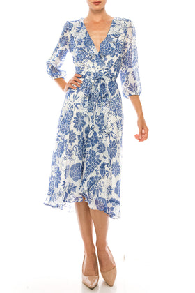 Maison Tara 58399MA Ivory Slate Floral 3/4 Sleeve Wrap Style Midi Dress