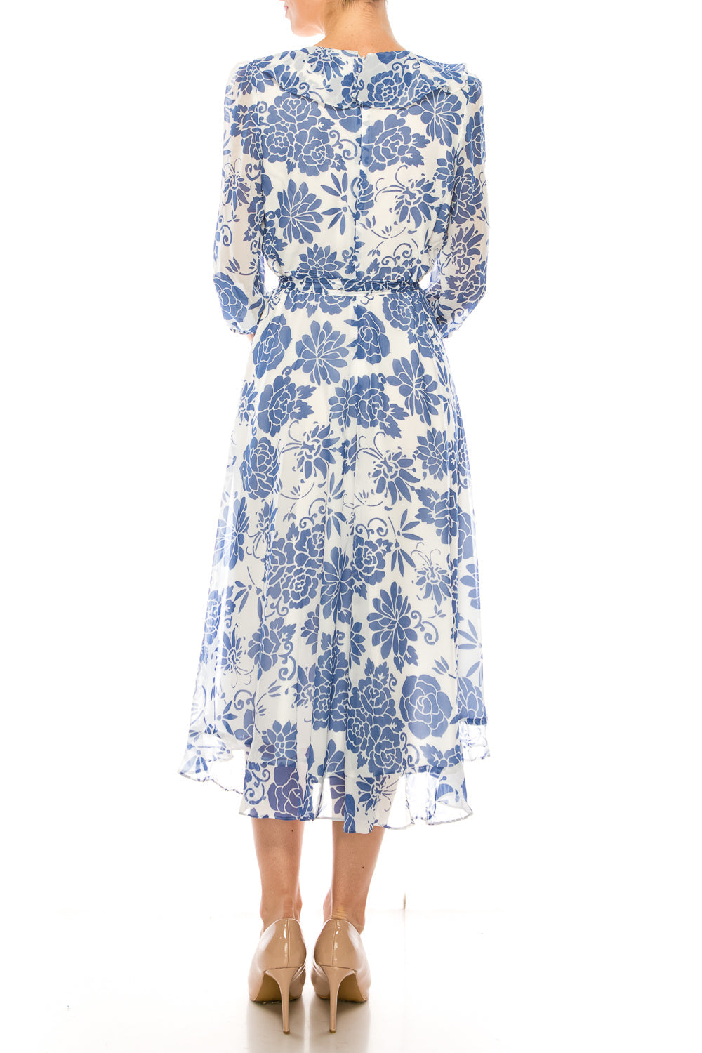 Maison Tara 58399MA Ivory Slate Floral 3/4 Sleeve Wrap Style Midi Dress