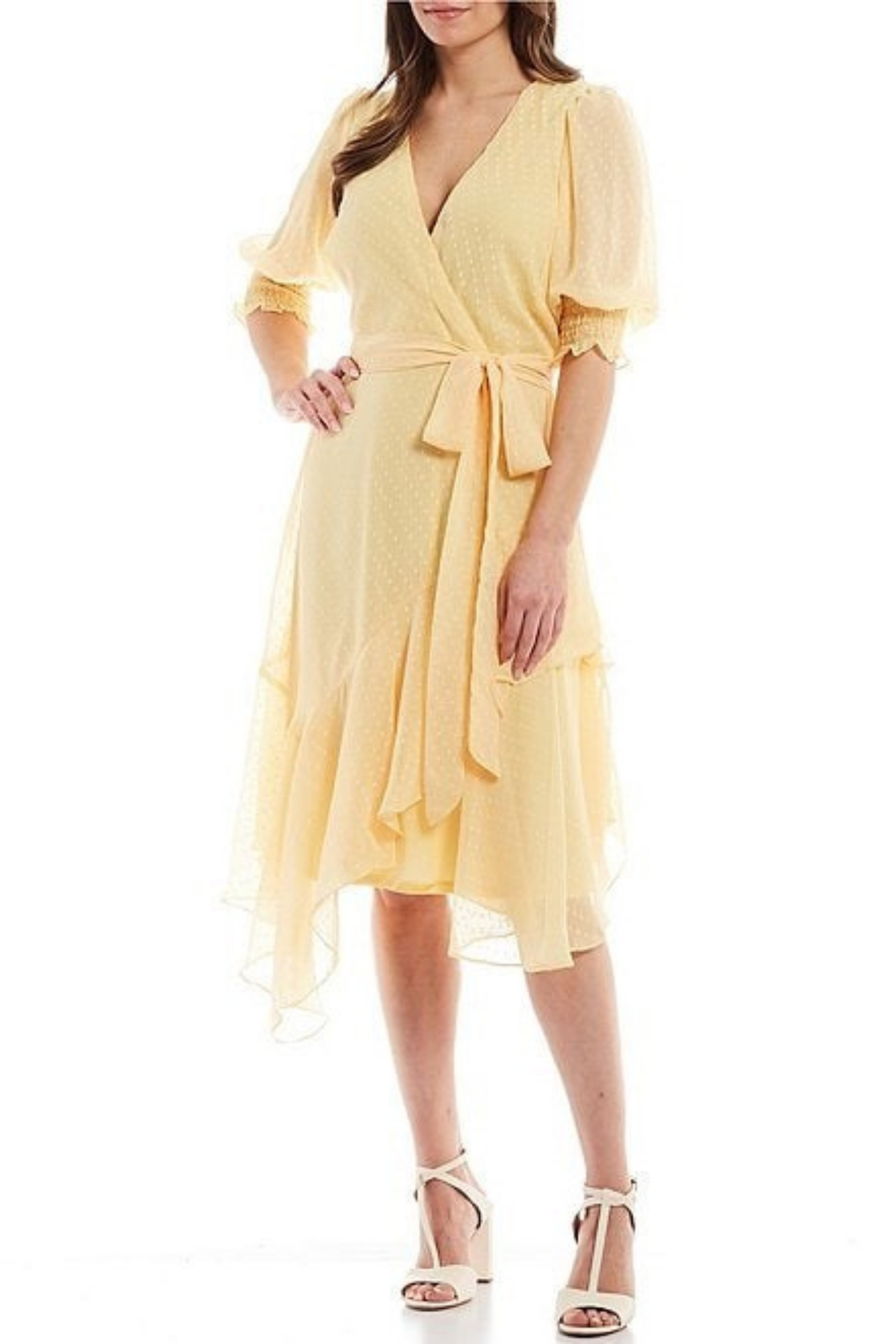Maison Tara 58400MA Short Puff Sleeve Wrap Style Uneven Hem A-Line Midi Dress