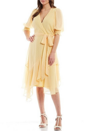 Maison Tara 58400MA Short Puff Sleeve Wrap Style Uneven Hem A-Line Midi Dress