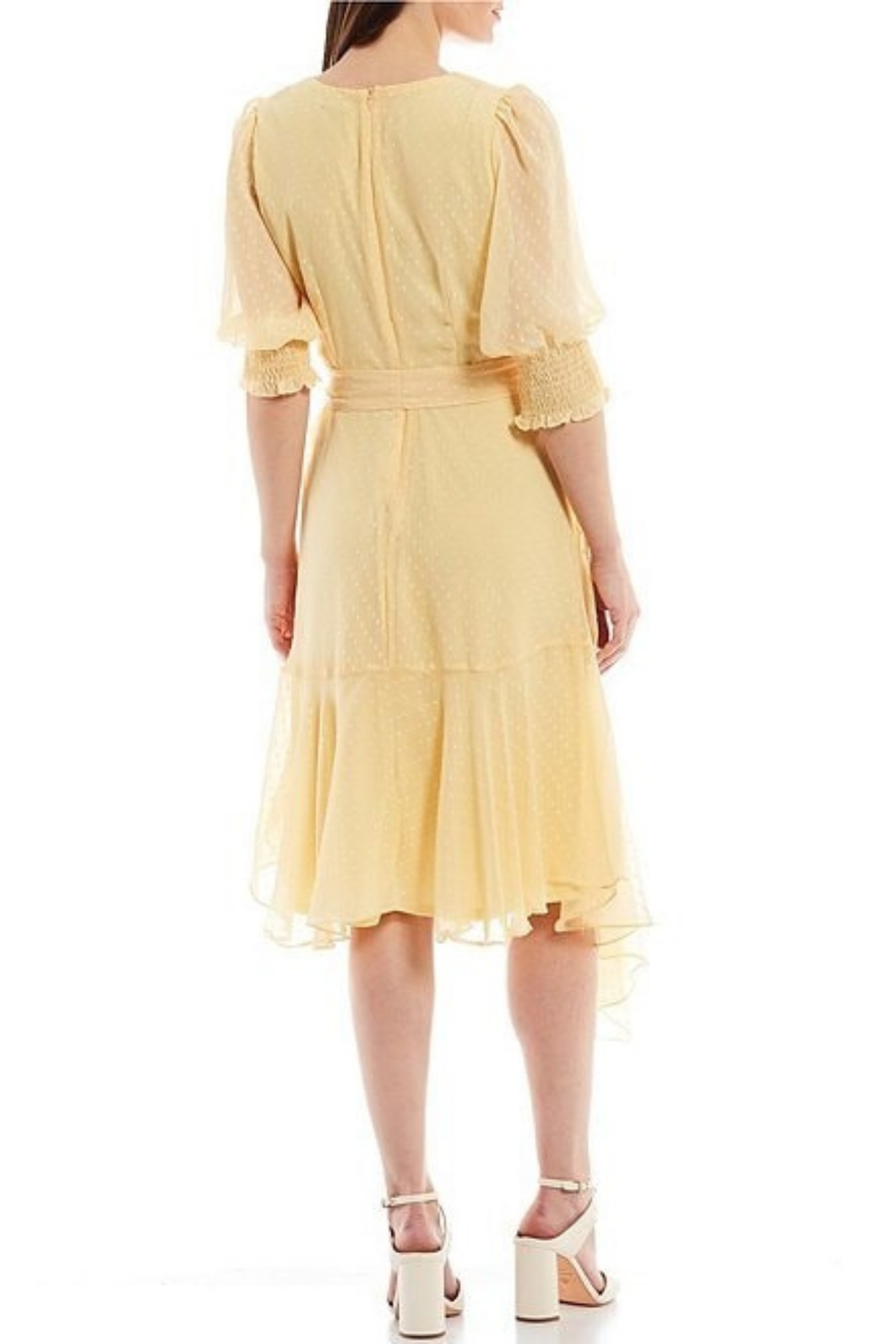 Maison Tara 58400MA Short Puff Sleeve Wrap Style Uneven Hem A-Line Midi Dress