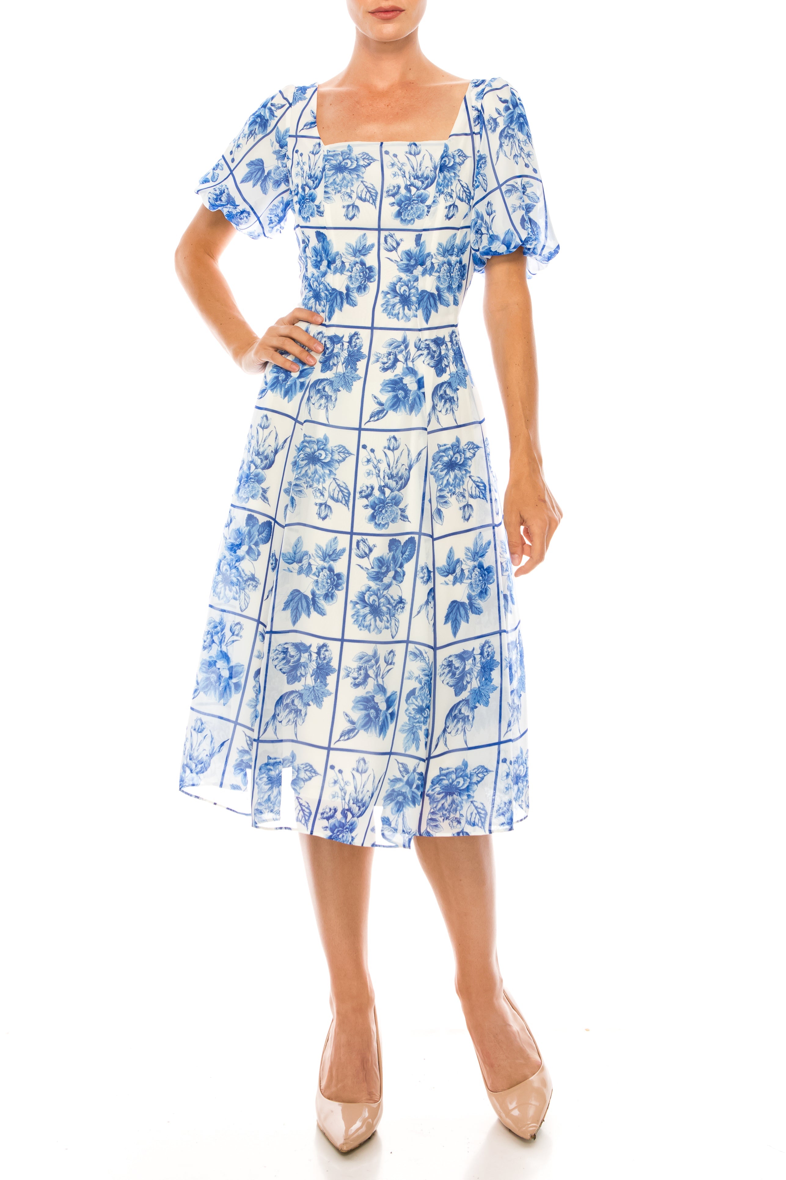 Maison Tara 58504MA Ivory Royal Blue Square Floral Short Puff Sleeve A-Line Midi Dress