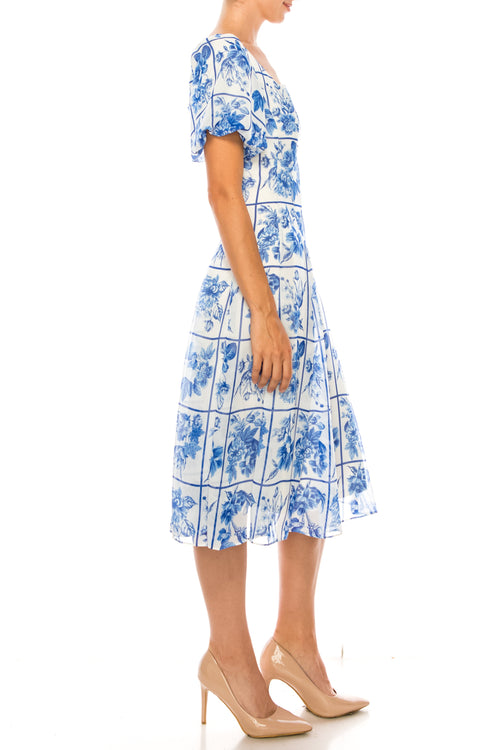 Maison Tara 58504MA Ivory Royal Blue Square Floral Short Puff Sleeve A-Line Midi Dress