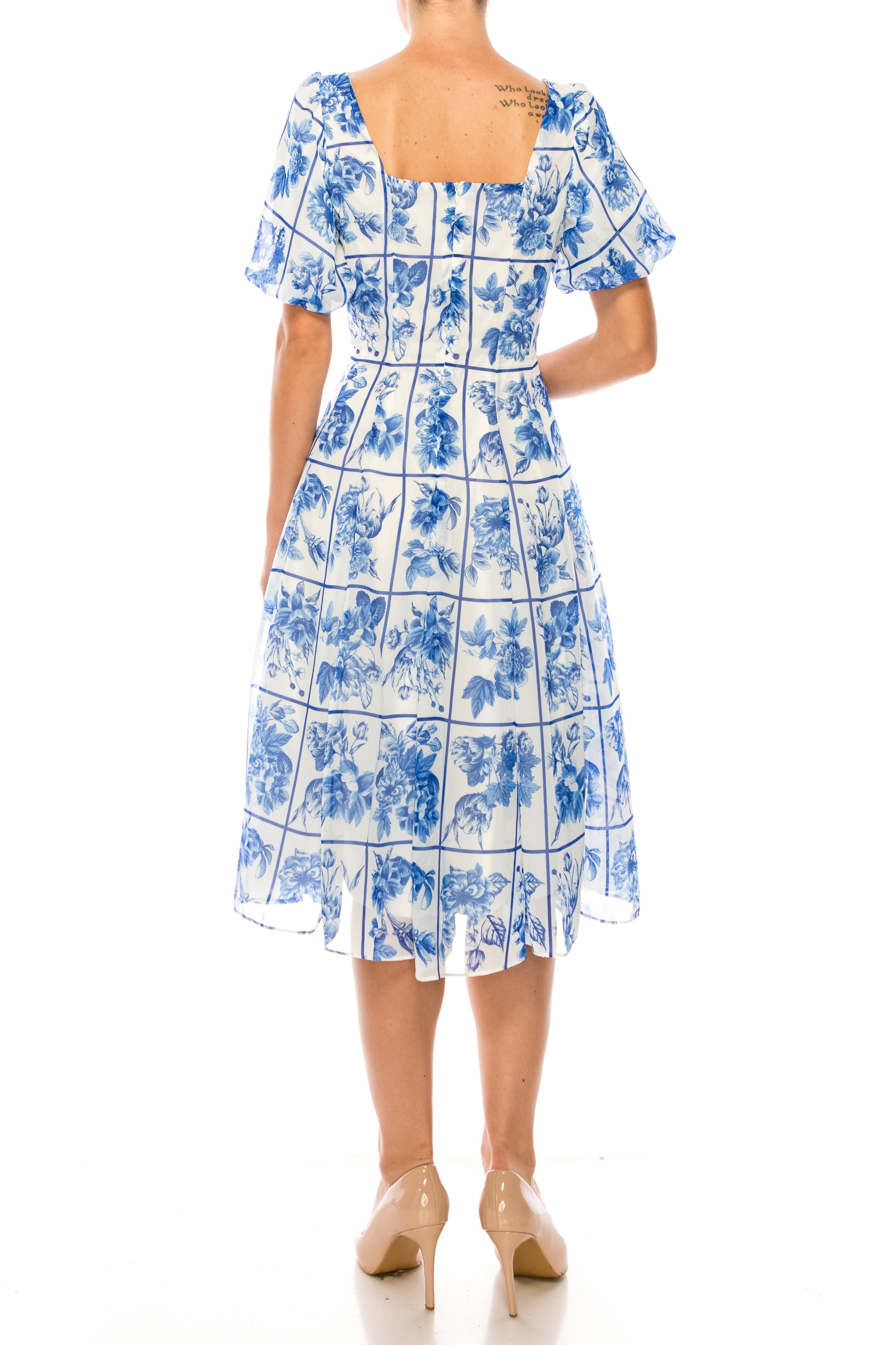Maison Tara 58504MA Ivory Royal Blue Square Floral Short Puff Sleeve A-Line Midi Dress