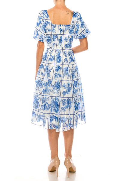 Maison Tara 58504MA Ivory Royal Blue Square Floral Short Puff Sleeve A-Line Midi Dress