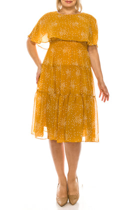 Maison Tara 91456M Dot Print Sleeveless Cape Tiered A-Line Midi Dress