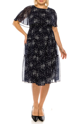 Maison Tara 91456M Dot Print Sleeveless Cape Tiered A-Line Midi Dress
