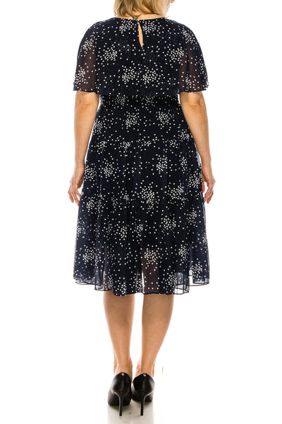 Maison Tara 91456M Dot Print Sleeveless Cape Tiered A-Line Midi Dress
