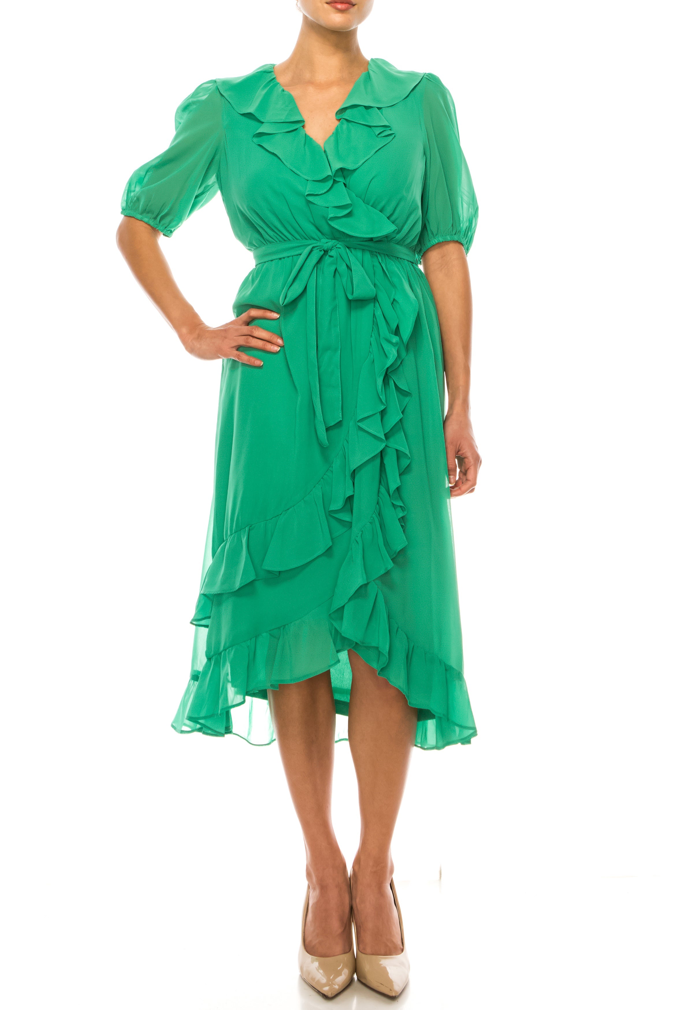 Maison Tara 91672M Ruffle V-Neck High-Low Faux Wrap Midi Dress