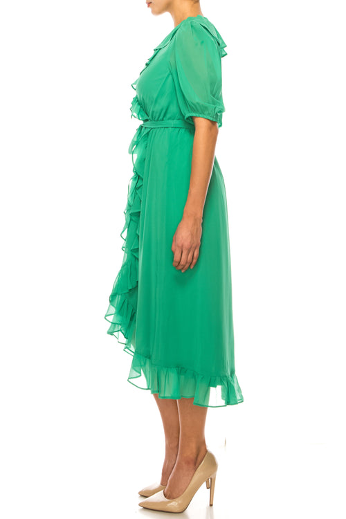 Maison Tara 91672M Ruffle V-Neck High-Low Faux Wrap Midi Dress