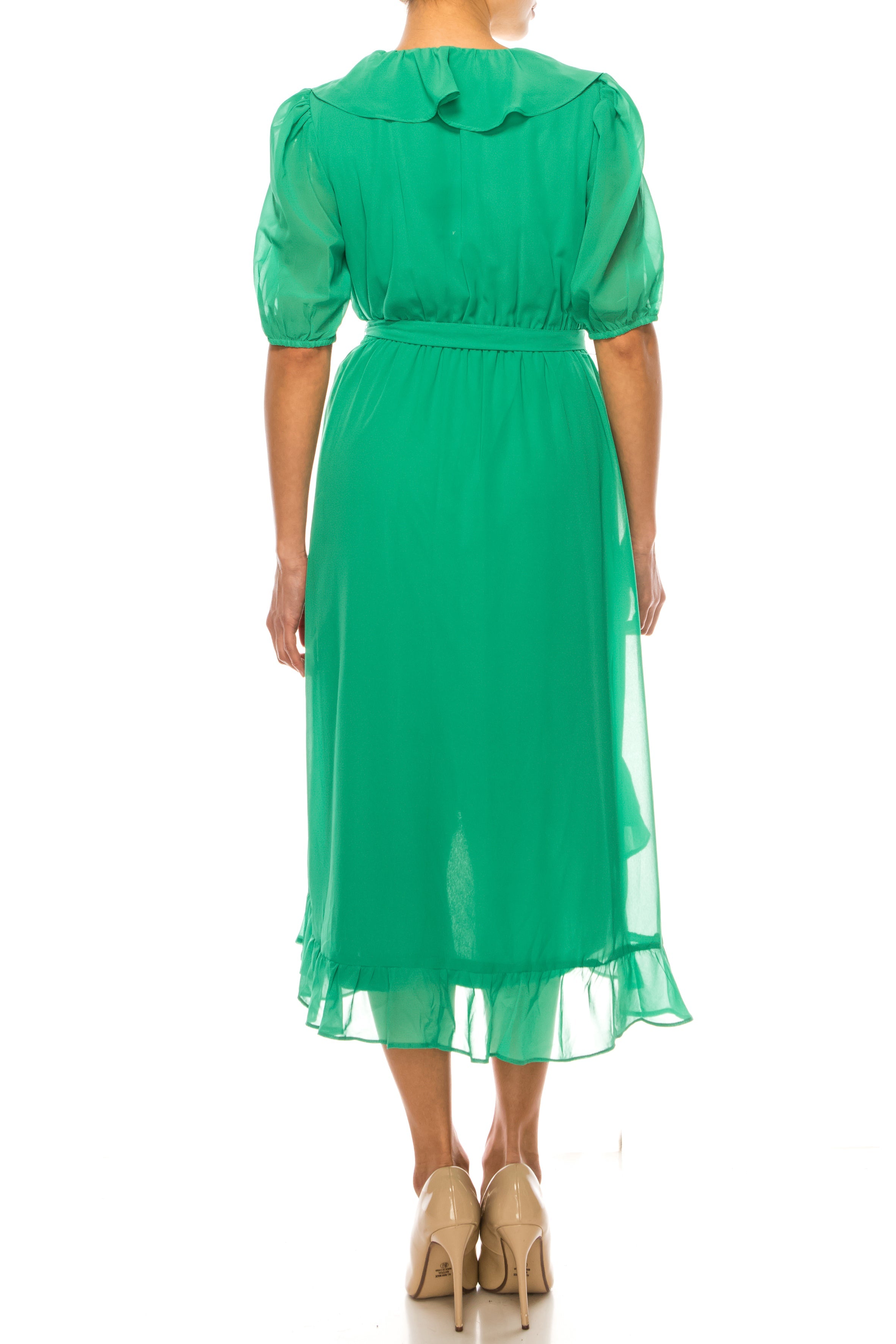 Maison Tara 91672M Ruffle V-Neck High-Low Faux Wrap Midi Dress