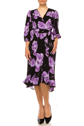Maison Tara 91722M Faux Wrap Floral Midi Dress