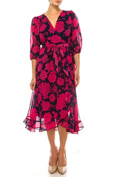 Maison Tara 91769M Ruffle V-Neckline High-Low Faux Wrap Midi Dress