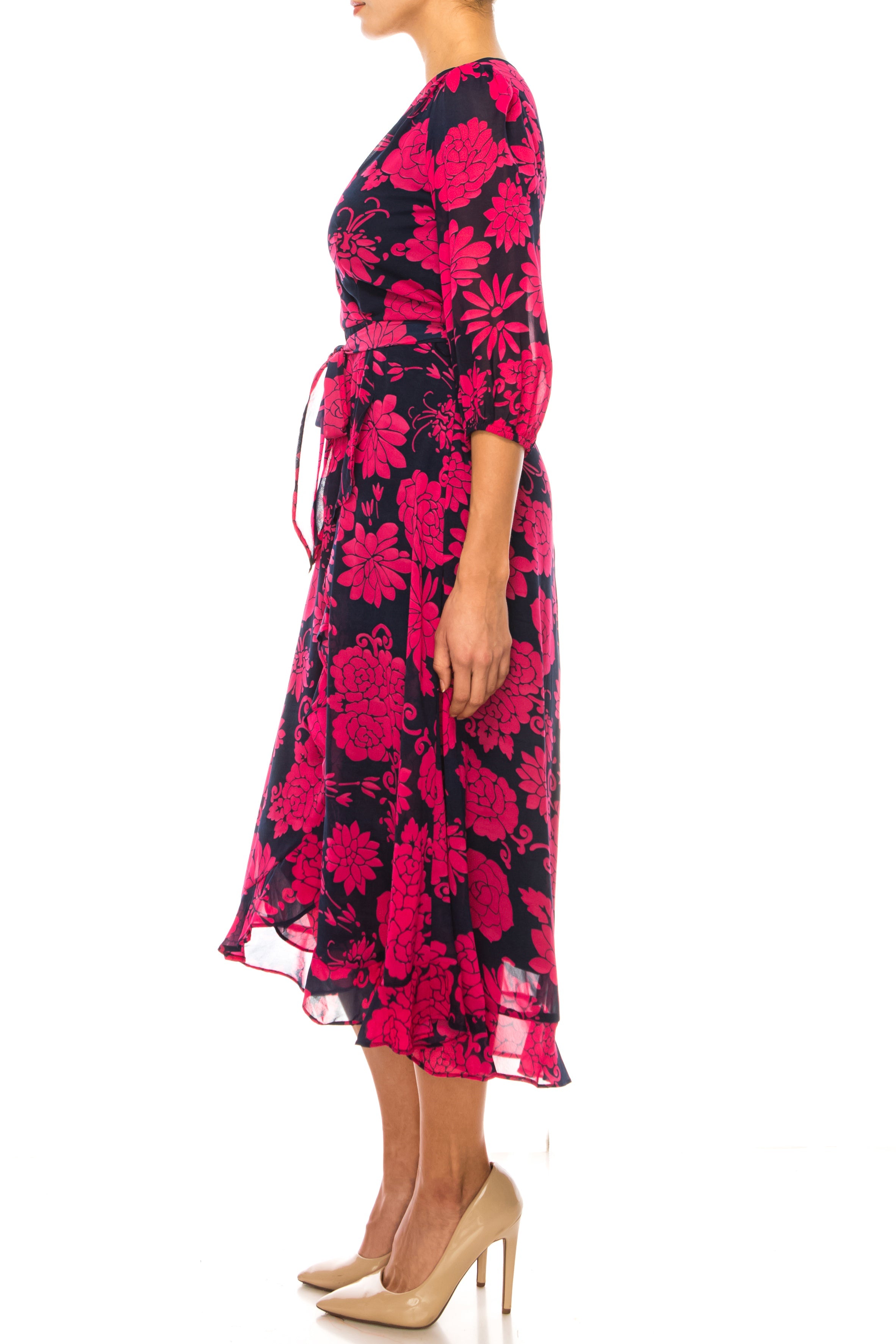 Maison Tara 91769M Ruffle V-Neckline High-Low Faux Wrap Midi Dress