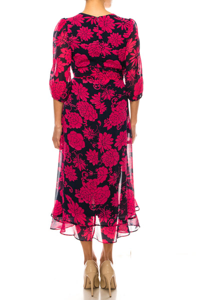 Maison Tara 91769M Ruffle V-Neckline High-Low Faux Wrap Midi Dress