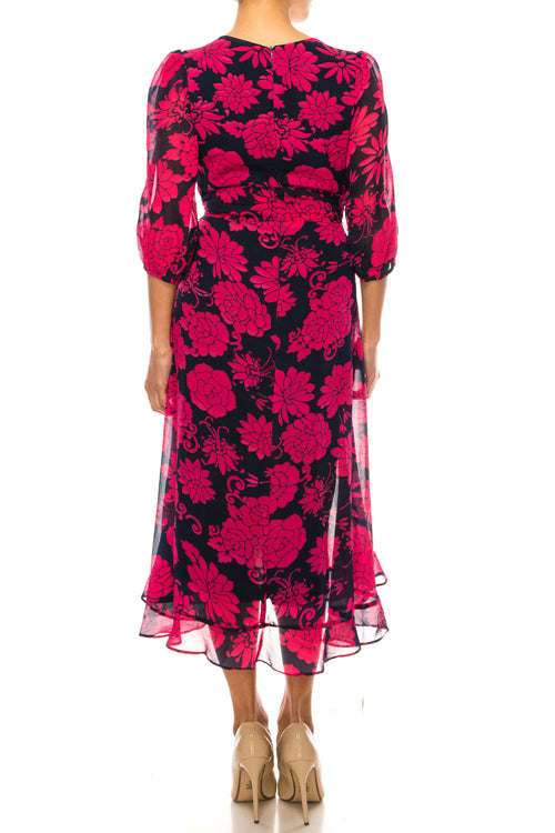 Maison Tara 91769M Ruffle V-Neckline High-Low Faux Wrap Midi Dress