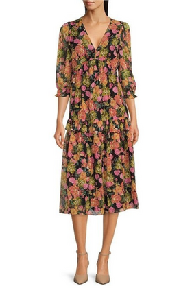 Maison Tara 91791M Floral Print 3/4 Ruffle Sleeve A-Line Midi Dress