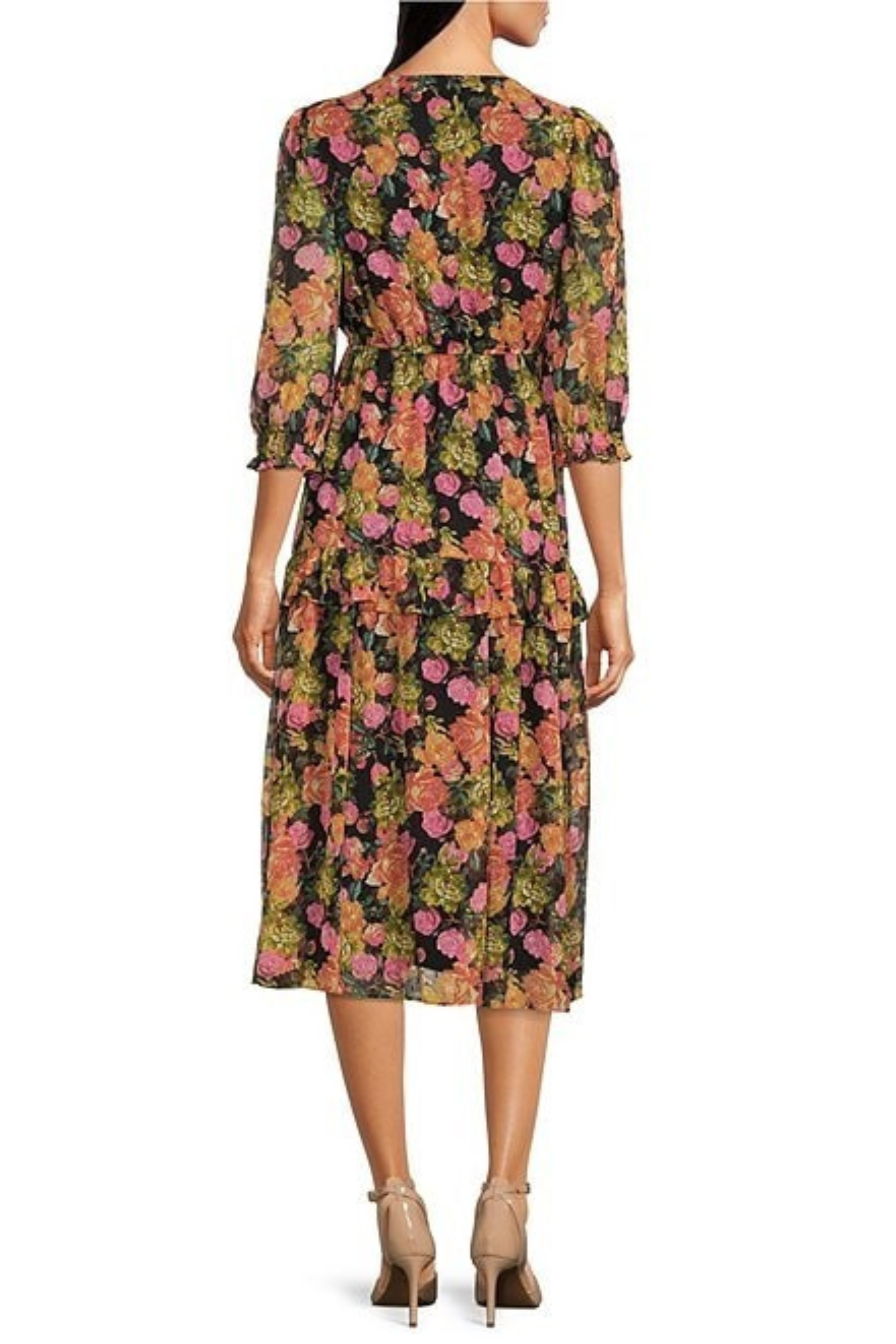 Maison Tara 91791M Floral Print 3/4 Ruffle Sleeve A-Line Midi Dress
