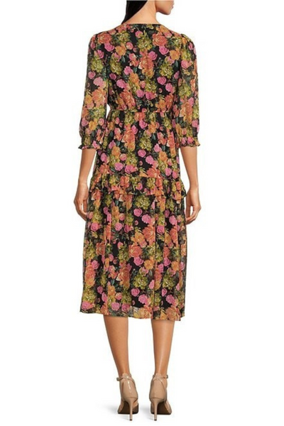 Maison Tara 91791M Floral Print 3/4 Ruffle Sleeve A-Line Midi Dress