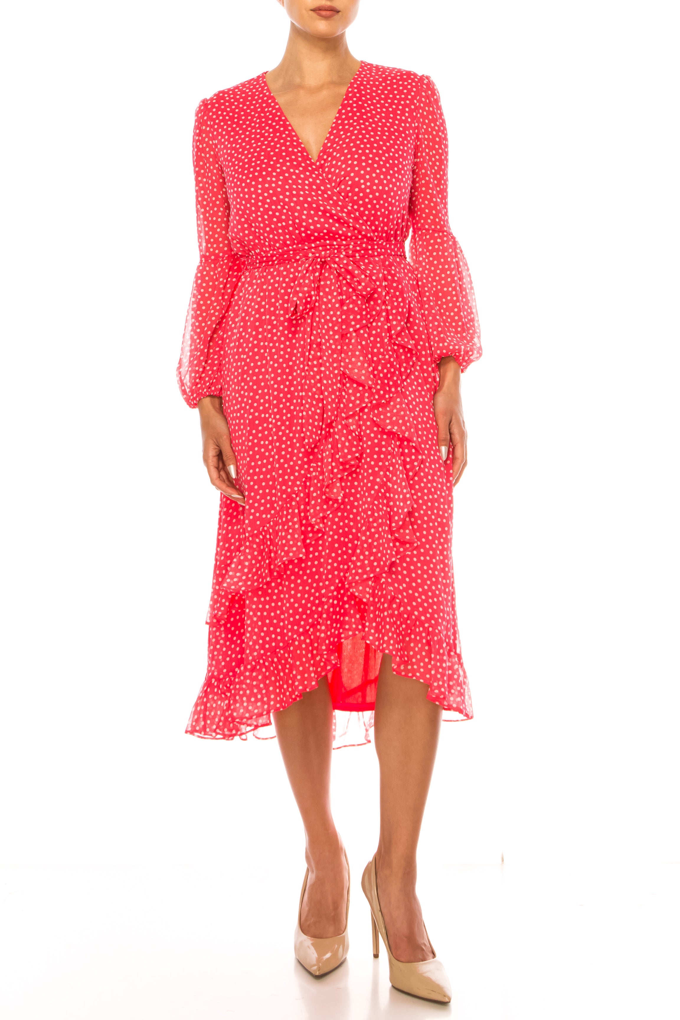 Maison Tara 92355M Long Sleeve Polka Dot Midi Dress