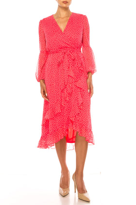 Maison Tara 92355M Long Sleeve Polka Dot Midi Dress