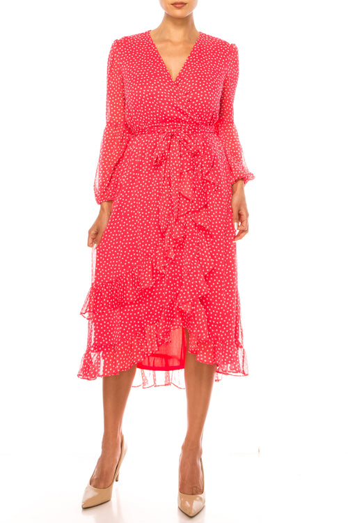 Maison Tara 92355M Long Sleeve Polka Dot Midi Dress