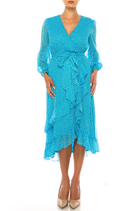 Maison Tara 92355M Long Sleeve Polka Dot Midi Dress
