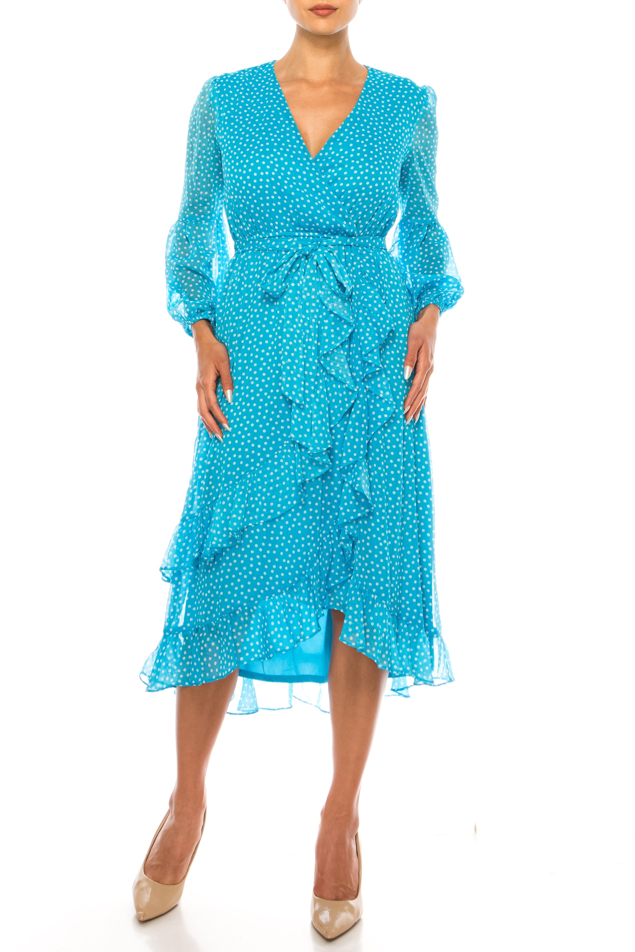 Maison Tara 92355M Long Sleeve Polka Dot Midi Dress