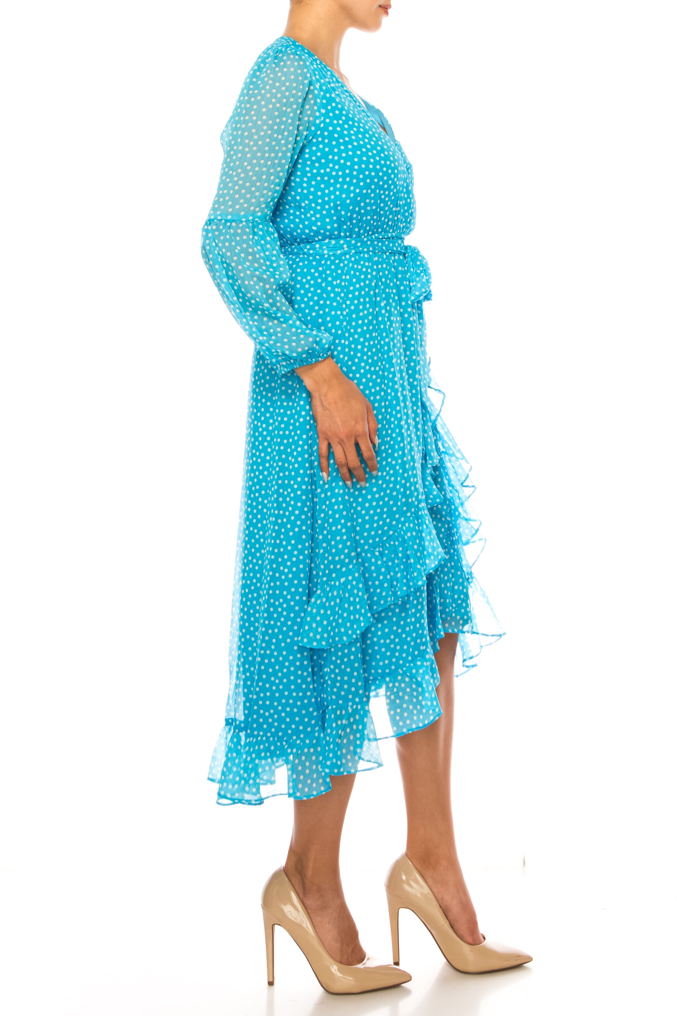 Maison Tara 92355M Long Sleeve Polka Dot Midi Dress