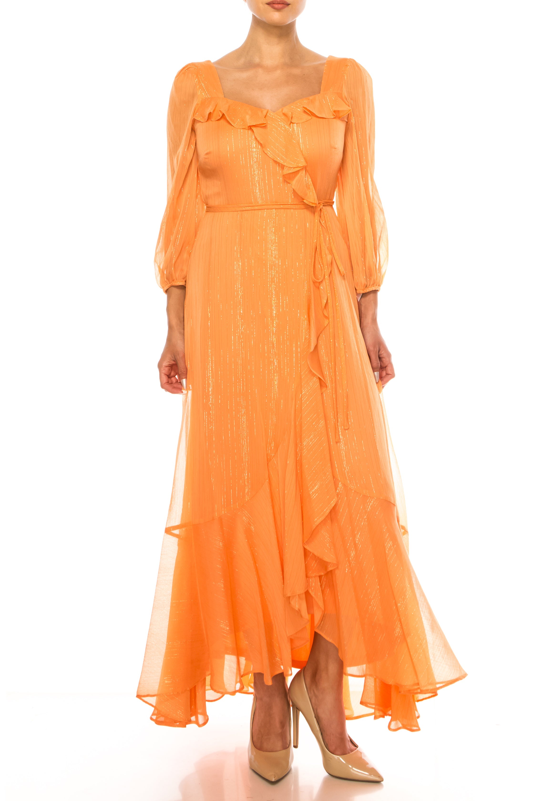 Maison Tara 92440M 3/4 Sleeve Frilly Detail Maxi Dress
