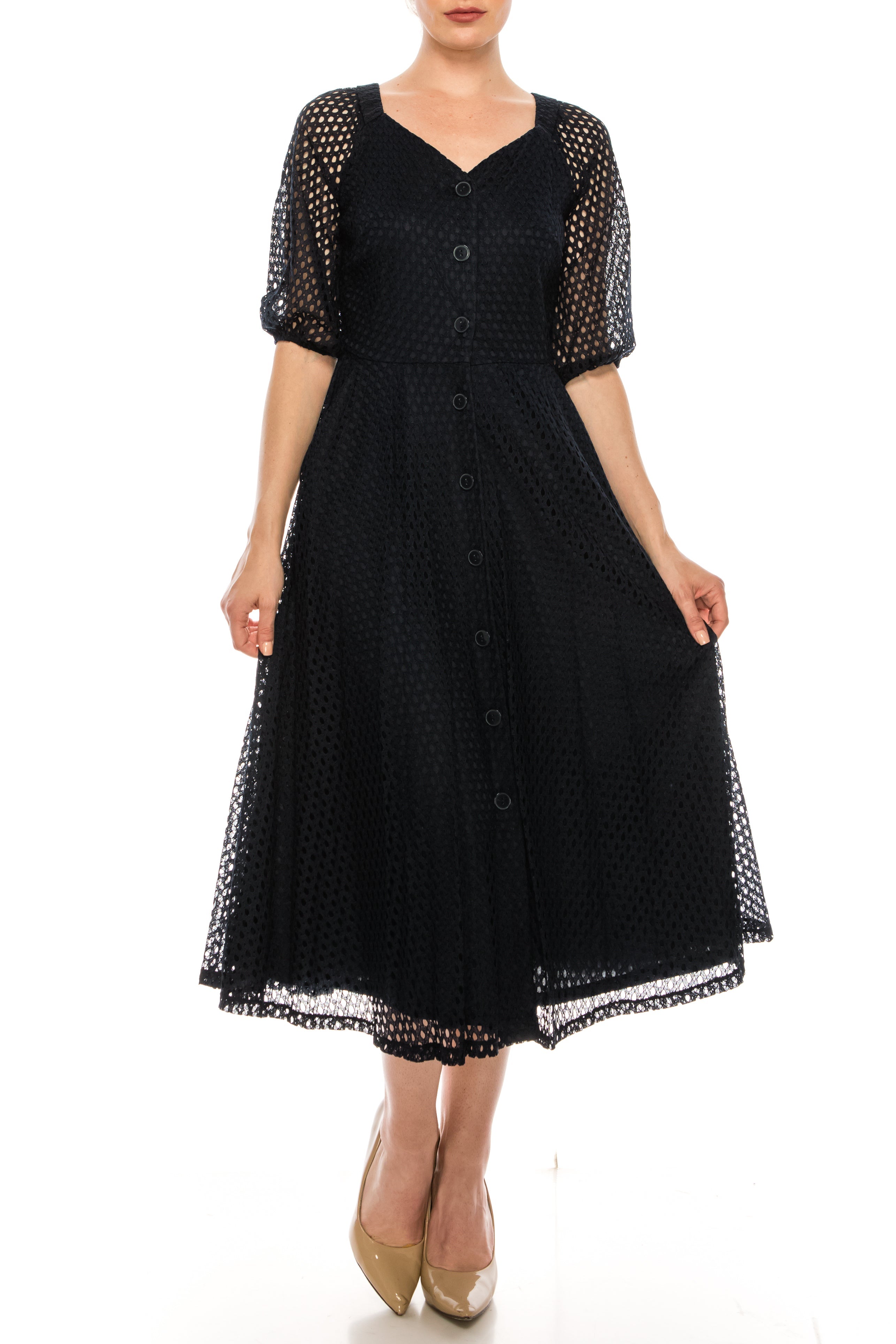 Maison Tara 95055M Eyelet 3/4 Sleeve Dress