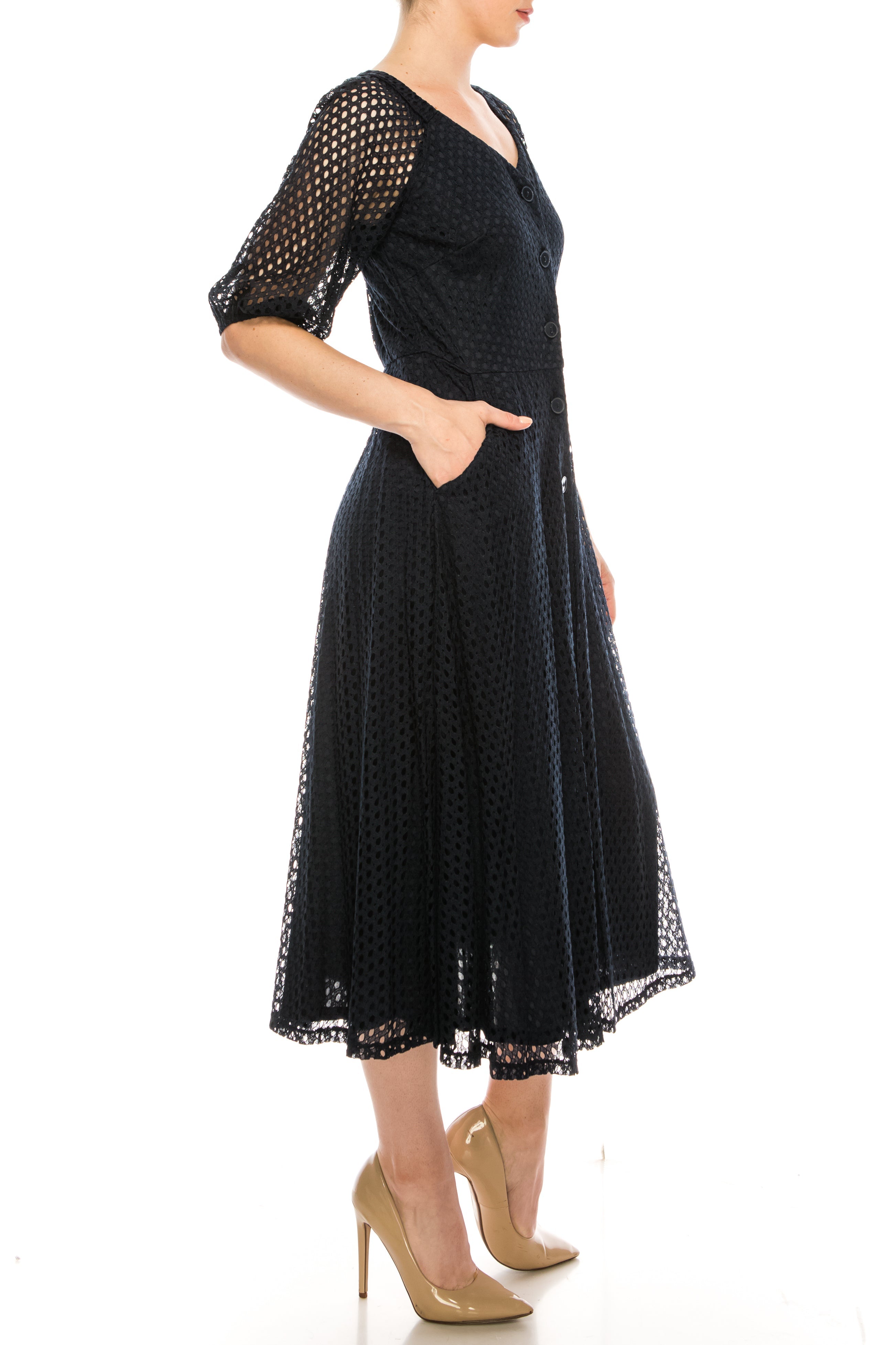 Maison Tara 95055M Eyelet 3/4 Sleeve Dress