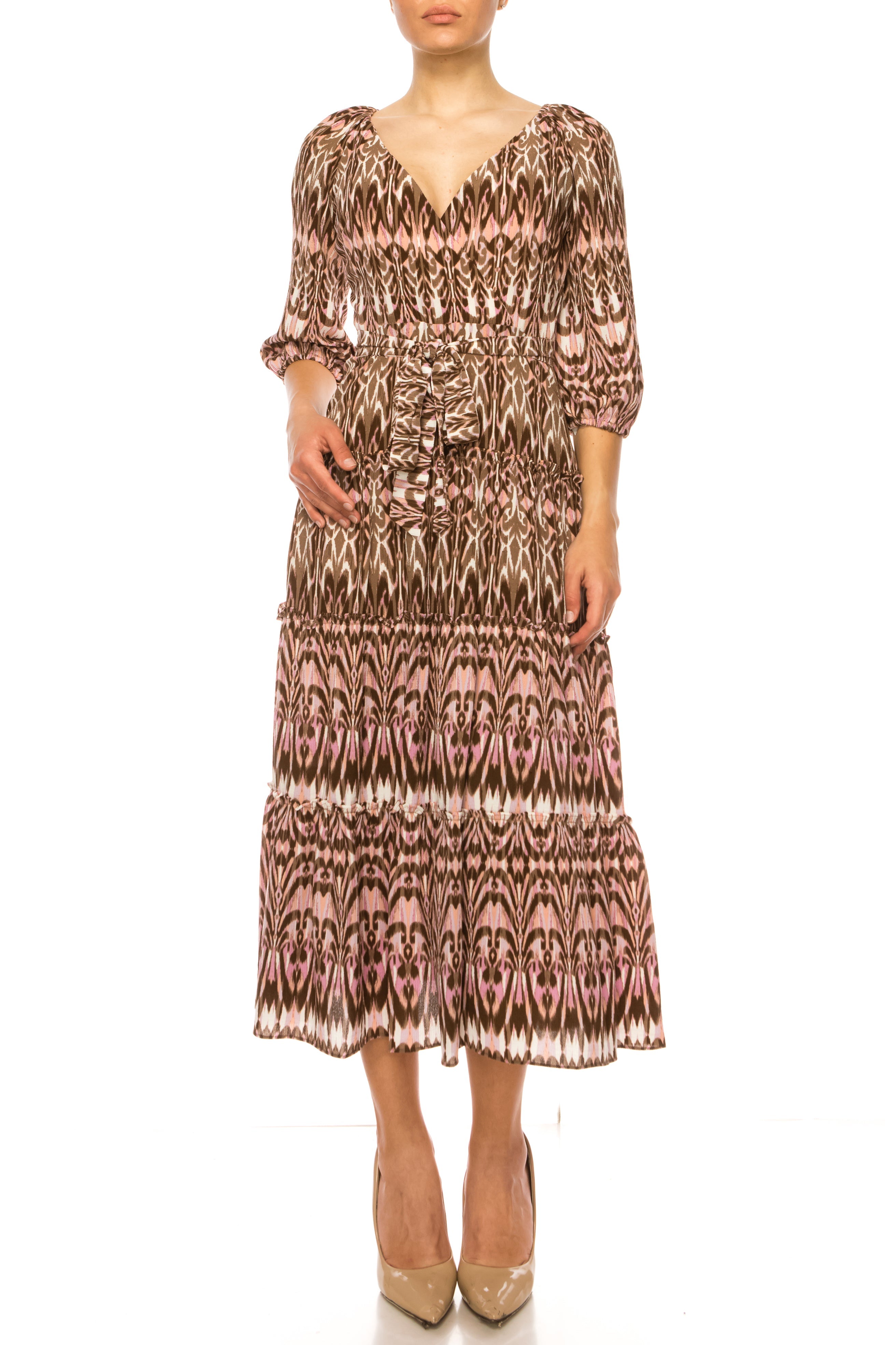 maison tara dress 92355M Long Sleeve Polka Dot Midi Special Occasion Maison Tara Women's V-Neck Ruffle