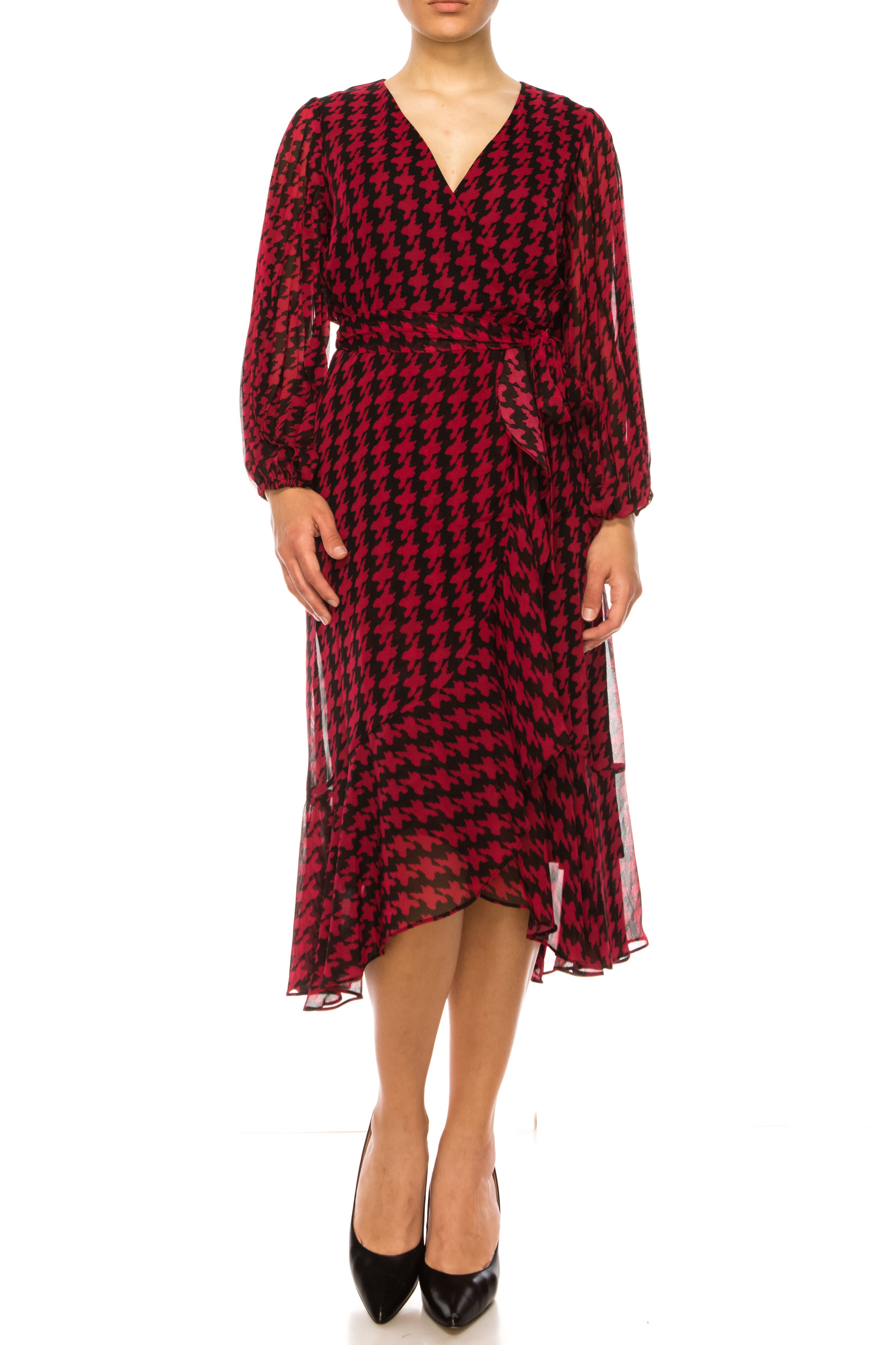 Maison Tara 95546M Faux Wrap Houndstooth Print Midi Dress