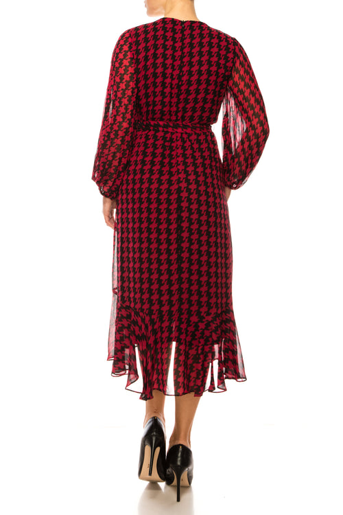 Maison Tara 95546M Faux Wrap Houndstooth Print Midi Dress