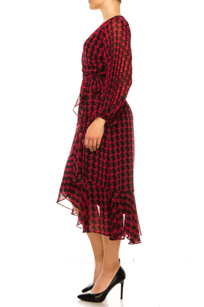 Maison Tara 95546M Faux Wrap Houndstooth Print Midi Dress